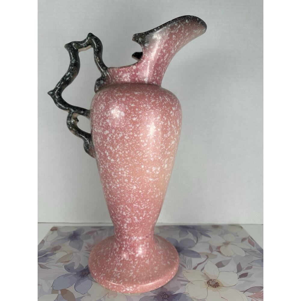 Vintage Hull Royal Woodland W24-13 1/2" Ewer Pitcher Mottled Pink with Black
